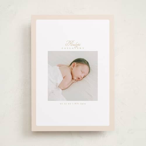 This is a peachy birth announcements with standard by Phrosné Barwood called soft frame printing on recycled smooth signature in standard