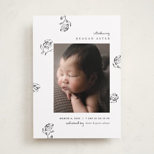 This is a lily of the valley birth announcements with standard by Pixel and Hank called the flora printing on recycled smooth signature in standard