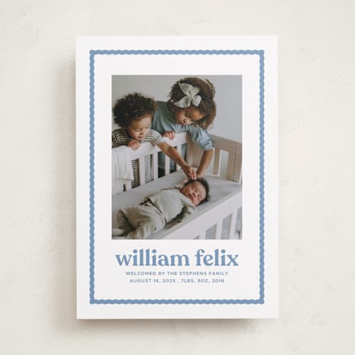 This is a water birth announcements with standard by Lea Delaveris called first impression printing on recycled smooth signature in standard