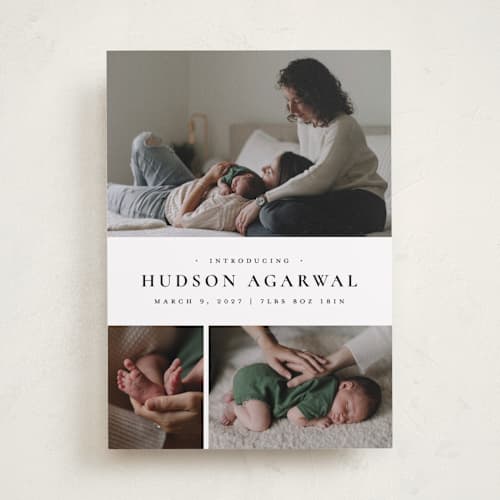 This is a noir birth announcements with standard by Wildfield Paper Co called quartzite printing on recycled smooth signature in standard