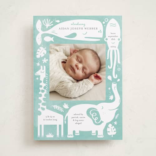 This is a narwhal birth announcements with standard by Carrie ONeal called all god's creatures printing on recycled smooth signature in standard