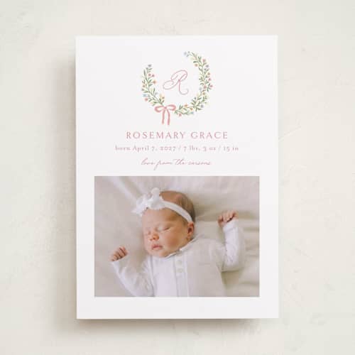 This is a watermelon birth announcements with standard by Katherine Moynagh called sweet monogrammed wreath printing on recycled smooth signature in standard