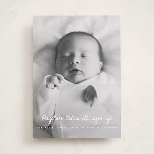 This is a milk birth announcements with standard by chocomocacino called cassatina printing on recycled smooth signature in standard