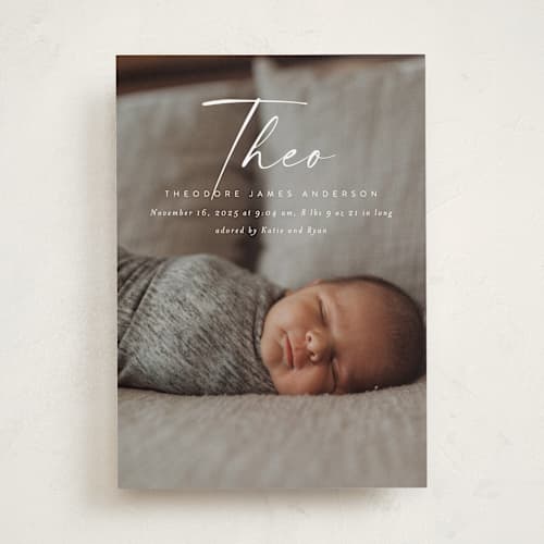 This is a linen birth announcements with standard by Kasia Labocki called complete printing on recycled smooth signature in standard