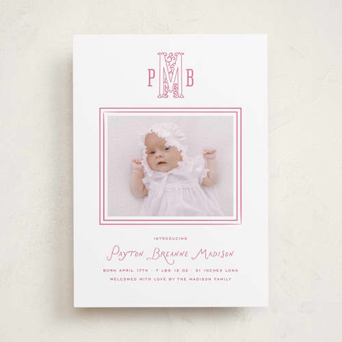 This is a candy birth announcements with standard by Kamala Nahas called filigree monogram printing on recycled smooth signature in standard