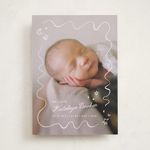This is a linen birth announcements with standard by Zove Ahhh called dreamland printing on recycled smooth signature in standard