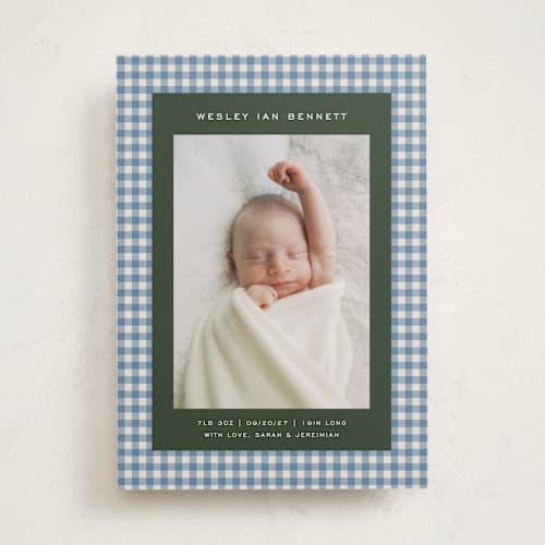 This is a marine birth announcements with standard by Kelly Watkins called layered gingham printing on recycled smooth signature in standard