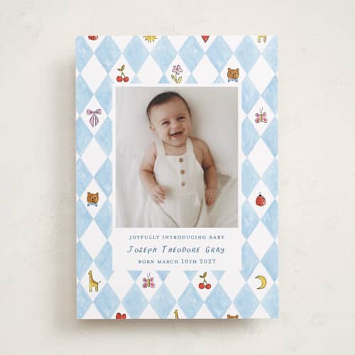 This is a sky birth announcements with standard by Sarah Knight called playtime printing on recycled smooth signature in standard