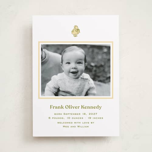This is a sunshine birth announcements with standard by Megan Davis called ducky printing on recycled smooth signature in standard