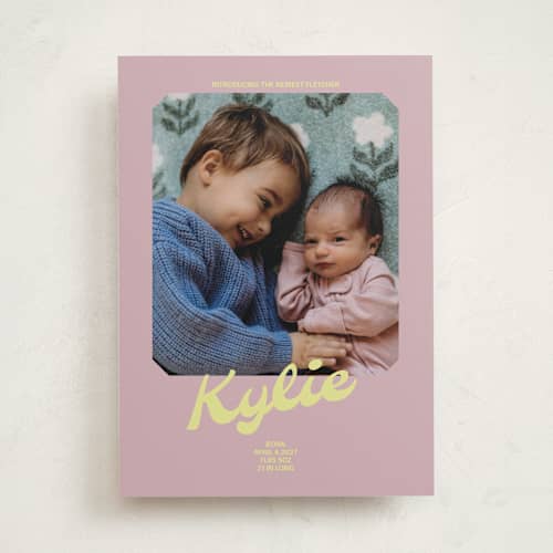 This is a mauve birth announcements with standard by Inkblot Design called retro printing on recycled smooth signature in standard