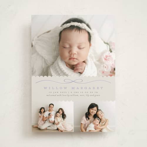 This is a periwinkle birth announcements with standard by Laura Hankins called scallops printing on recycled smooth signature in standard