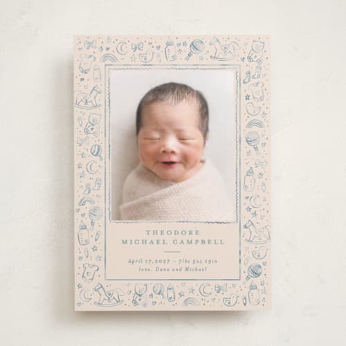 This is a bluebird birth announcements with standard by Creo Study called iconic bebe printing on recycled smooth signature in standard