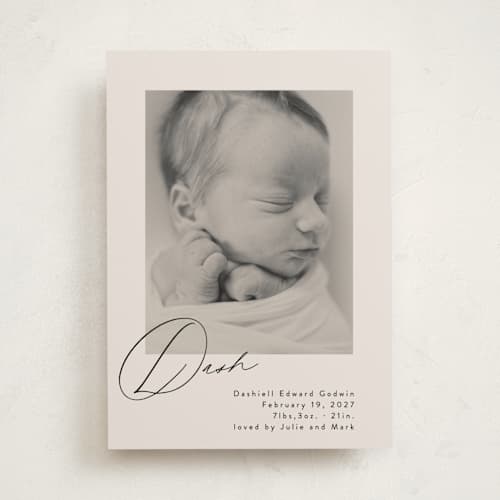 This is a vanilla birth announcements with standard by Olivia Raufman called dashing printing on recycled smooth signature in standard