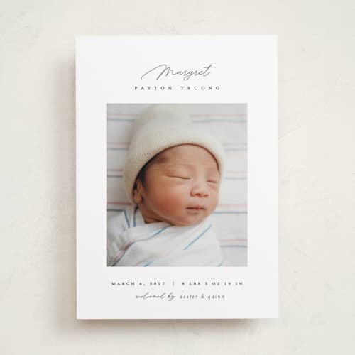This is a pearl birth announcements with standard by Pixel and Hank called simply lovely printing on recycled smooth signature in standard
