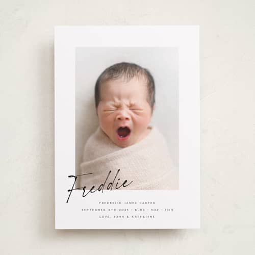 This is a dove birth announcements with standard by Paula Pecevich called nickname printing on recycled smooth signature in standard