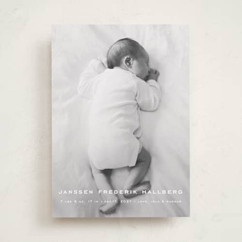 This is a pearl birth announcements with standard by chocomocacino called pastizzi printing on recycled smooth signature in standard