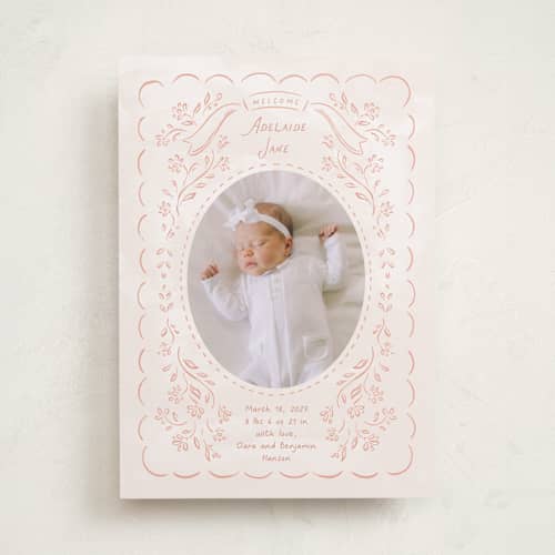This is a peony birth announcements with standard by JeAnna Casper called adelaide printing on recycled smooth signature in standard
