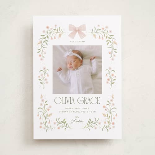 This is a blush birth announcements with standard by Paper Raven Co. called sweet adelaide printing on recycled smooth signature in standard