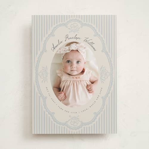 This is a powder birth announcements with standard by Vera Lim called vintage lace stripes printing on recycled smooth signature in standard