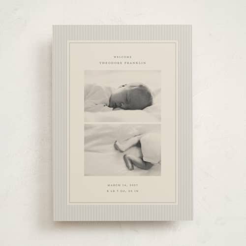 This is a powder birth announcements with standard by Ellen Schlegelmilch called pinstripe printing on recycled smooth signature in standard