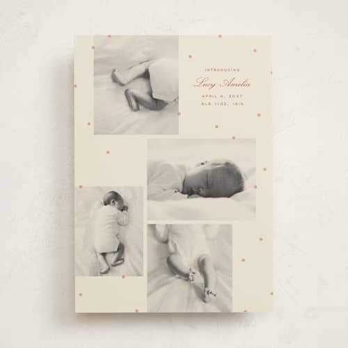 This is a peach birth announcements with standard by Ellen Schlegelmilch called tiny polka dots printing on recycled smooth signature in standard
