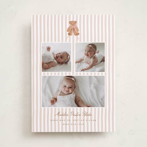 This is a pinky birth announcements with standard by Erin German called teddy bear stripes printing on recycled smooth signature in standard