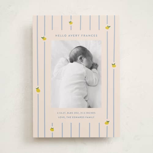 This is a carribean birth announcements with standard by Carolyn MacLaren called lemon stripes printing on recycled smooth signature in standard