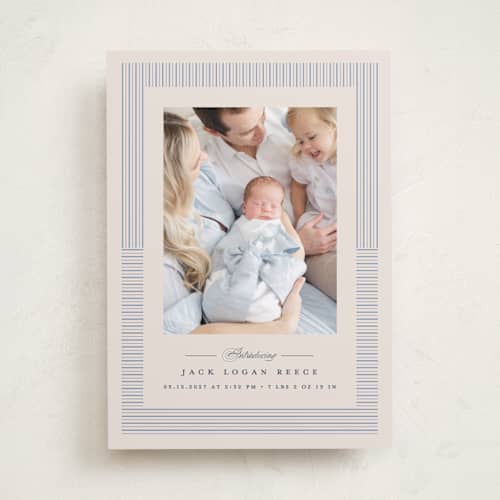 This is a cornflower birth announcements with standard by Erica Krystek called petite pinstripe printing on recycled smooth signature in standard