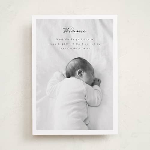 This is a noir birth announcements with standard by Emily Sabol Goss called simplicity printing on recycled smooth signature in standard