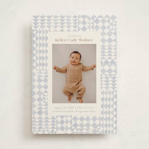 This is a bluebell birth announcements with standard by Julie Murray called patchwork printing on recycled smooth signature in standard