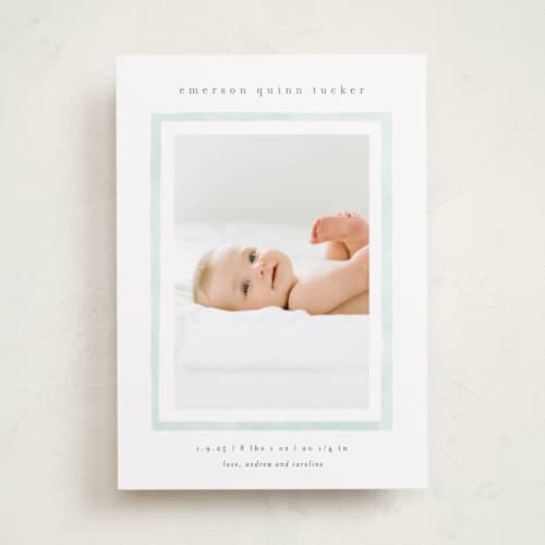 This is a mint birth announcements with standard by Lauren Chism called golightly printing on recycled smooth signature in standard