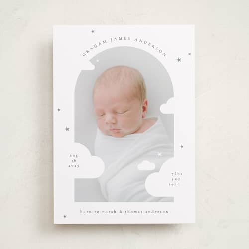 This is a raincloud birth announcements with standard by letterfix called floating clouds printing on recycled smooth signature in standard