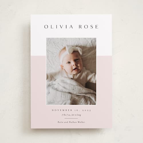 This is a peony birth announcements with standard by Kasia Labocki called cherished printing on recycled smooth signature in standard