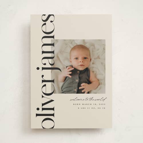 This is a cream birth announcements with standard by Ellen Schlegelmilch called editorial printing on recycled smooth signature in standard