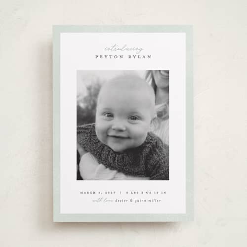 This is a sea salt birth announcements with standard by Pixel and Hank called story printing on recycled smooth signature in standard
