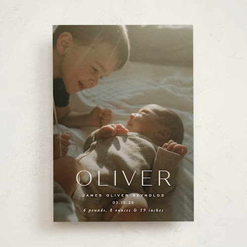 This is a dew birth announcements with standard by Sara Hicks Malone called moondance printing on recycled smooth signature in standard