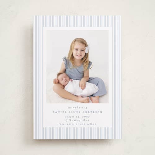 This is a sky birth announcements with standard by Jennifer Holbrook called pinstripe frame printing on recycled smooth signature in standard