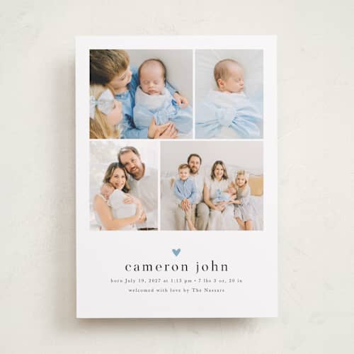 This is a bluebird birth announcements with standard by Melanie Kosuge called loveable printing on recycled smooth signature in standard