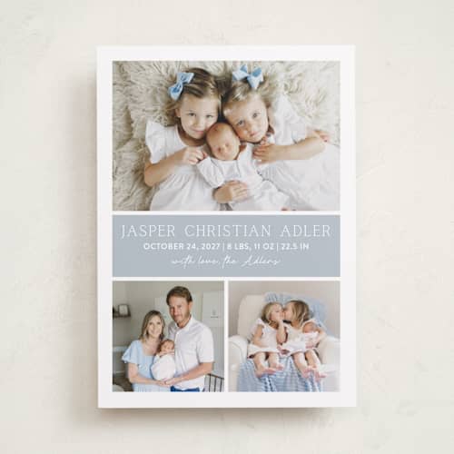 This is a bluebell birth announcements with standard by Vanessa Doyle called color block printing on recycled smooth signature in standard