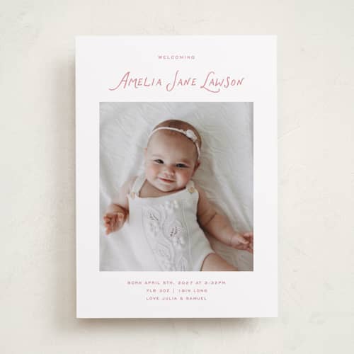 This is a petal birth announcements with standard by Kelly Watkins called nostalgic printing on recycled smooth signature in standard