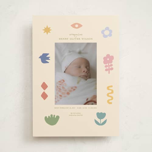 This is a confetti birth announcements with standard by Rina Ozum called scandi folk printing on recycled smooth signature in standard