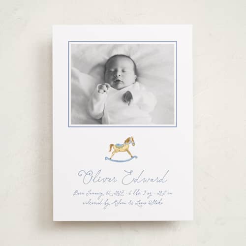 This is a powder birth announcements with standard by Pati Cascino called ternure printing on recycled smooth signature in standard