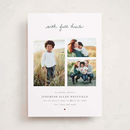 This is a charcoal birth announcements with standard by Lisa Assenmacher called with full hearts printing on recycled smooth signature in standard