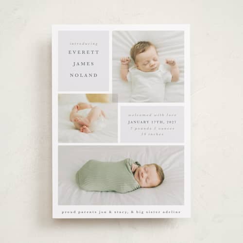 This is a dusty blue birth announcements with standard by Julie Murray called love multiplies printing on recycled smooth signature in standard