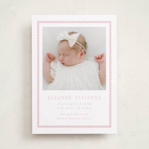 This is a petal birth announcements with standard by Emily Betts called sweetest scallop printing on recycled smooth signature in standard