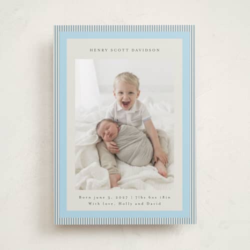 This is a powder blue birth announcements with standard by Jackie Crawford called modern striped frame printing on recycled smooth signature in standard
