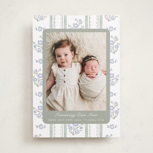 This is a periwinkle birth announcements with standard by Jackie Crawford called cottage watercolor ribbon printing on recycled smooth signature in standard