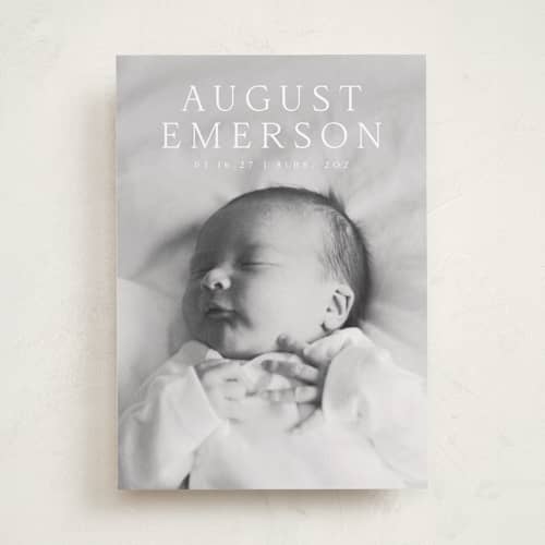 This is a cotton birth announcements with standard by Olivia Raufman called bold intro printing on recycled smooth signature in standard