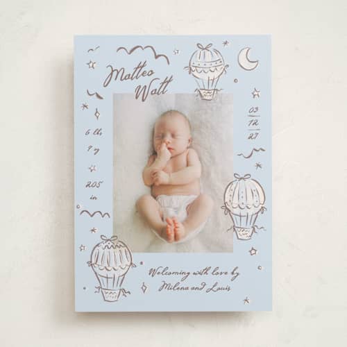 This is a sky birth announcements with standard by Pati Cascino called up up printing on recycled smooth signature in standard