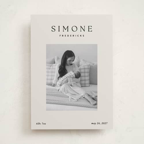 This is a noir birth announcements with standard by Jackie Crawford called simone printing on recycled smooth signature in standard